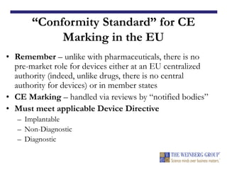 “Conformity Standard” for CE
Marking in the EU
• Remember – unlike with pharmaceuticals, there is no
pre-market role for devices either at an EU centralized
authority (indeed, unlike drugs, there is no central
authority for devices) or in member states
• CE Marking – handled via reviews by “notified bodies”
• Must meet applicable Device Directive
– Implantable
– Non-Diagnostic
– Diagnostic
 