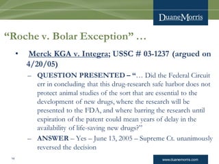 www.duanemorris.com14
“Roche v. Bolar Exception” …
• Merck KGA v. Integra; USSC # 03-1237 (argued on
4/20/05)
– QUESTION PRESENTED – “… Did the Federal Circuit
err in concluding that this drug-research safe harbor does not
protect animal studies of the sort that are essential to the
development of new drugs, where the research will be
presented to the FDA, and where barring the research until
expiration of the patent could mean years of delay in the
availability of life-saving new drugs?”
– ANSWER – Yes – June 13, 2005 – Supreme Ct. unanimously
reversed the decision
 