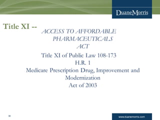 www.duanemorris.com36
Title XI --
ACCESS TO AFFORDABLE
PHARMACEUTICALS
ACT
Title XI of Public Law 108-173
H.R. 1
Medicare Prescription Drug, Improvement and
Modernization
Act of 2003
 