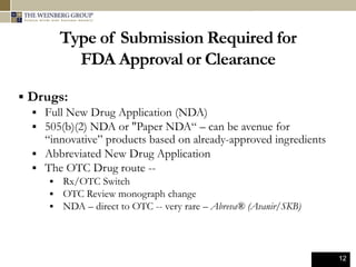 12
Type of Submission Required for
FDA Approval or Clearance
 Drugs:
 Full New Drug Application (NDA)
 505(b)(2) NDA or "Paper NDA“ – can be avenue for
“innovative” products based on already-approved ingredients
 Abbreviated New Drug Application
 The OTC Drug route --
 Rx/OTC Switch
 OTC Review monograph change
 NDA – direct to OTC -- very rare – Abreva® (Avanir/SKB)
 