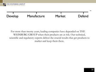 30
For more than twenty years, leading companies have depended on THE
WEINBERG GROUP when their products are at risk. Our technical,
scientific and regulatory experts deliver the crucial results that get products to
market and keep them there.
 