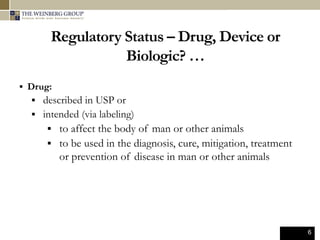 6
Regulatory Status – Drug, Device or
Biologic? …
 Drug:
 described in USP or
 intended (via labeling)
 to affect the body of man or other animals
 to be used in the diagnosis, cure, mitigation, treatment
or prevention of disease in man or other animals
 