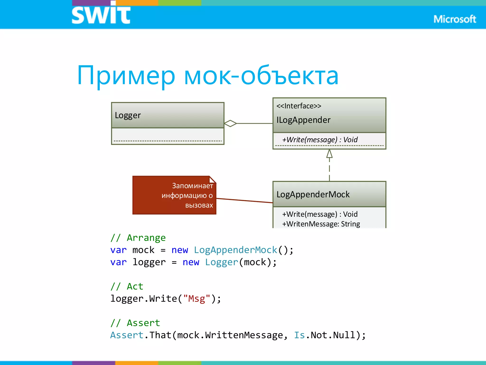 Пример мок-объекта
Logger
<<Interface>>
ILogAppender
+Write(message) : Void
LogAppenderMock
+Write(message) : Void
+WritenMessage: String
Запоминает
информацию о
вызовах
// Arrange
var mock = new LogAppenderMock();
var logger = new Logger(mock);
// Act
logger.Write("Msg");
// Assert
Assert.That(mock.WrittenMessage, Is.Not.Null);
 