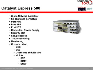 Catalyst Espress 500
          •   Cisco Network Assistant
          •   Se configura por Setup
          •   Port POE
          •   Port SFP
          •   Port UTP
          •   Redundant Power Supply
          •   Security slot
          •   Setup express
          •   Troubleshooting
          •   Monitoring
          •   Customization
                • QoS
                • SSL
                • Username and passwd
                • VLANs
                    • STP
                    • IGMP
                    • SNMP
© 2005Solution Box SRL - All rights reserved.   11
                                                11
 