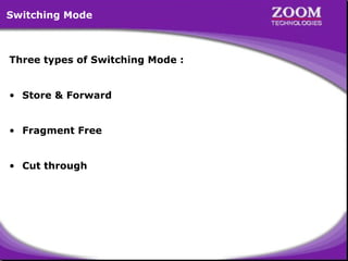 Switching Mode

Three types of Switching Mode :
• Store & Forward
• Fragment Free
• Cut through

14

 