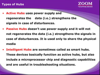 Types of Hubs
• Active Hubs uses power supply and
regenerates the

data (i.e.) strengthens the

signals in case of disturb...