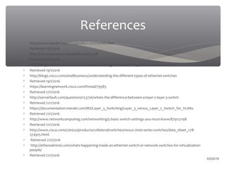 References
03/20/16
∗ http://www.ieee802.org/1/pages/802.121/1/2016D.html
∗ Retrieved 18/1/2016
∗ http://www.ccontrols.com/pdf/Extv3n3.pdf
∗ Retrieved 18/1/2016
∗ http://blogs.cisco.com/smallbusiness/understanding-the-different-types-of-ethernet-switches
∗ Retrieved 19/1/2016
∗ http://blogs.cisco.com/smallbusiness/understanding-the-different-types-of-ethernet-switches
∗ Retrieved 19/1/2016
∗ https://learningnetwork.cisco.com/thread/79585
∗ Retrieved 21/1/2016
∗ http://serverfault.com/questions/123726/whats-the-difference-between-a-layer-2-layer-3-switch
∗ Retrieved 21/1/2016
∗ https://documentation.meraki.com/MS/Layer_3_Switching/Layer_3_versus_Layer_2_Switch_for_VLANs
∗ Retrieved 21/1/2016
∗ http://www.networkcomputing.com/networking/5-basic-switch-settings-you-must-know/879127198
∗ Retrieved 21/1/2016
∗ http://www.cisco.com/c/en/us/products/collateral/switches/nexus-7000-series-switches/data_sheet_c78-
574915.html.
∗ Retrieved 21/1/2016
∗ http://etherealmind.com/whats-happening-inside-an-ethernet-switch-or-network-switches-for-virtualization-
people/
∗ Retrieved 21/1/2016
 