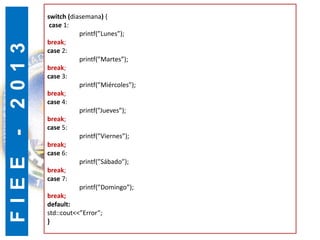 F
I
E
E
-
2
0
1
3 SENTENCIAS SWITCH
switch (diasemana) {
case 1:
printf(”Lunes”);
break;
case 2:
printf(”Martes”);
break;
case 3:
printf(”Miércoles”);
break;
case 4:
printf(”Jueves”);
break;
case 5:
printf(”Viernes”);
break;
case 6:
printf(”Sábado”);
break;
case 7:
printf(”Domingo”);
break;
default:
std::cout<<”Error”;
}
 