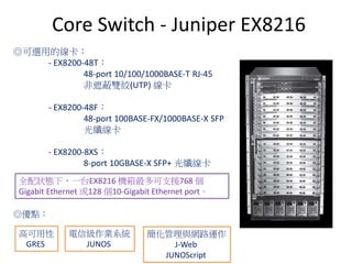 Core Switch - Juniper EX8216
◎可選用的線卡：
- EX8200-48T：
48-port 10/100/1000BASE-T RJ-45
非遮蔽雙絞(UTP) 線卡
- EX8200-48F：
48-port 100BASE-FX/1000BASE-X SFP
光纖線卡
- EX8200-8XS：
8-port 10GBASE-X SFP+ 光纖線卡
全配狀態下，一台EX8216 機箱最多可支援768 個
Gigabit Ethernet 或128 個10-Gigabit Ethernet port。
高可用性
GRES
電信級作業系統
JUNOS
簡化管理與網路運作
J-Web
JUNOScript
◎優點：
 
