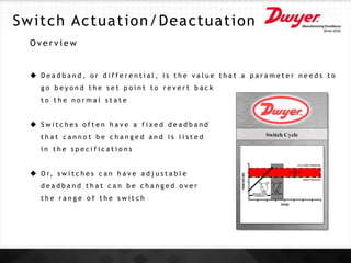 O v e r v i e w
 D e a d b a n d , o r d i f f e r e n t i a l , i s t h e v a l u e t h a t a p a r a m e t e r n e e d s t o
g o b e y o n d t h e s e t p o i n t t o r e v e r t b a c k
t o t h e n o r m a l s t a t e
 S w i t c h e s o f t e n h a v e a f i x e d d e a d b a n d
t h a t c a n n o t b e c h a n g e d a n d i s l i s t e d
i n t h e s p e c i f i c a t i o n s
 O r, s w i t c h e s c a n h a v e a d j u s t a b l e
d e a d b a n d t h a t c a n b e c h a n g e d o v e r
t h e r a n g e o f t h e s w i t c h
Switch Actuation/Deactuation
 