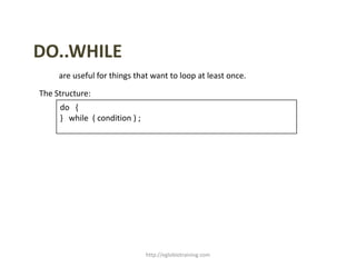 DO..WHILE
     are useful for things that want to loop at least once.

The Structure:
     do {
     } while ( condition ) ;




                               http://eglobiotraining.com
 