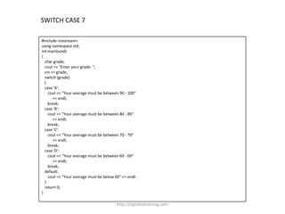 SWITCH CASE 7

#include <iostream>
using namespace std;
int main(void)
{
  char grade;
  cout << "Enter your grade: ";
  cin >> grade;
  switch (grade)
  {
  case 'A':
    cout << "Your average must be between 90 - 100"
       << endl;
    break;
  case 'B':
    cout << "Your average must be between 80 - 89"
       << endl;
    break;
  case 'C':
    cout << "Your average must be between 70 - 79"
       << endl;
    break;
  case 'D':
    cout << "Your average must be between 60 - 69"
       << endl;
    break;
  default:
    cout << "Your average must be below 60" << endl;
  }
  return 0;
}

                                         http://eglobiotraining.com
 