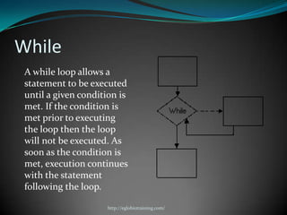 While
 A while loop allows a
 statement to be executed
 until a given condition is
 met. If the condition is
 met prior to executing
 the loop then the loop
 will not be executed. As
 soon as the condition is
 met, execution continues
 with the statement
 following the loop.

                     http://eglobiotraining.com/
 