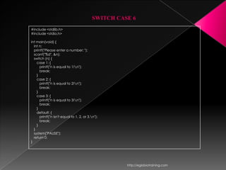 SWITCH CASE 6
#include <stdlib.h>
#include <stdio.h>

int main(void) {
  int n;
  printf("Please enter a number: ");
  scanf("%d", &n);
  switch (n) {
    case 1: {
      printf("n is equal to 1!n");
      break;
    }
    case 2: {
      printf("n is equal to 2!n");
      break;
    }
    case 3: {
      printf("n is equal to 3!n");
      break;
    }
    default: {
      printf("n isn't equal to 1, 2, or 3.n");
      break;
    }
  }
  system("PAUSE");
  return 0;
}




                                                     http://eglobiotraining.com
 