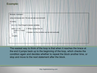 Example:


  #include <iostream>

  using namespace std; // So we can see cout and endl

  int main()
  {
     int x = 0; // Don't forget to declare variables

      while ( x < 10 )   { // While x is less than 10
          cout<< x <<endl;
          x++;              // Update x so the condition can be met eventually
      }
      cin.get();
  }




  The easiest way to think of the loop is that when it reaches the brace at
  the end it jumps back up to the beginning of the loop, which checks the
  condition again and decides whether to repeat the block another time, or
  stop and move to the next statement after the block.



                                                   http://eglobiotraining.com
 