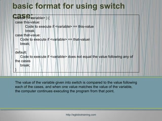basic format for using switch
case:
 switch ( <variable> ) {
case this-value:
       Code to execute if <variable> == this-value
       break;
case that-value:
    Code to execute if <variable> == that-value
    break;
...
default:
    Code to execute if <variable> does not equal the value following any of
the cases
    break;
}


The value of the variable given into switch is compared to the value following
each of the cases, and when one value matches the value of the variable,
the computer continues executing the program from that point.




                                http://eglobiotraining.com
 