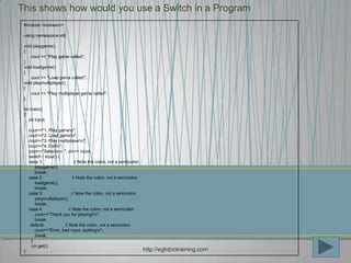 This shows how would you use a Switch in a Program
 #include <iostream>

 using namespace std;

 void playgame()
 {
     c...