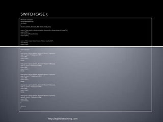 SWITCH CASE 5
#include <iostream>
using namespace std;
int main()
{
int price_before_discount, RM, dozen, total_price;

cout<< "How much is the price before discount for 1 dozen boxes of tissue?n";
cout<<"RM ";
cin>>price_before_discount;
cout<<"nn";


cout<< "How many dozen boxes of tissue you buy?n";
cin>>dozen;
cout<<"nn";


switch (dozen)
{
total_price = ((price_before_discount*dozen) * (95/100));
case '1': cout<< "Total price is RM ";
cout<<RM;
cout<<"nn";
break;

total_price = ((price_before_discount*dozen) * (88/100));
case '2': cout<< "Total price is RM ";
cout<<RM;
cout<<"nn";
break;

total_price = ((price_before_discount*dozen) * (75/100));
case '3': cout<< "Total price is RM ";
cout<<RM;
cout<<"nn";
break;

total_price = ((price_before_discount*dozen) * (60/100));
case '4' : cout<< "Total price is RM ";
cout<<RM;
cout<<"nn";
break;

total_price = ((price_before_discount*dozen) * (40/100));
default : cout<< "Total price is RM ";
cout<<RM;
cout<<"nn";
}

return 0;
}




                                             http://eglobiotraining.com
 