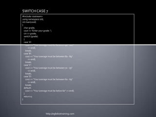 SWITCH CASE 7
#include <iostream>
using namespace std;
int main(void)
{
  char grade;
  cout << "Enter your grade: ";
  cin >> grade;
  switch (grade)
  {
  case 'A':
    cout << "Your average must be between 90 - 100"
      << endl;
    break;
  case 'B':
    cout << "Your average must be between 80 - 89"
      << endl;
    break;
  case 'C':
    cout << "Your average must be between 70 - 79"
      << endl;
    break;
  case 'D':
    cout << "Your average must be between 60 - 69"
      << endl;
    break;
  default:
    cout << "Your average must be below 60" << endl;
  }
  return 0;
}




                       http://eglobiotraining.com
 