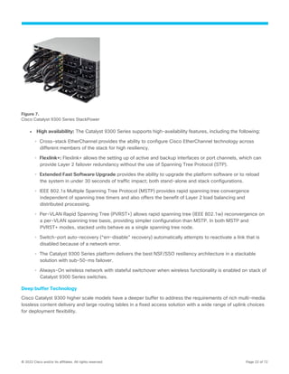 © 2022 Cisco and/or its affiliates. All rights reserved. Page 22 of 72
Figure 7.
Cisco Catalyst 9300 Series StackPower
● High availability: The Catalyst 9300 Series supports high-availability features, including the following:
◦ Cross-stack EtherChannel provides the ability to configure Cisco EtherChannel technology across
different members of the stack for high resiliency.
◦ Flexlink+: Flexlink+ allows the setting up of active and backup interfaces or port channels, which can
provide Layer 2 failover redundancy without the use of Spanning Tree Protocol (STP).
◦ Extended Fast Software Upgrade provides the ability to upgrade the platform software or to reload
the system in under 30 seconds of traffic impact; both stand-alone and stack configurations.
◦ IEEE 802.1s Multiple Spanning Tree Protocol (MSTP) provides rapid spanning tree convergence
independent of spanning tree timers and also offers the benefit of Layer 2 load balancing and
distributed processing.
◦ Per-VLAN Rapid Spanning Tree (PVRST+) allows rapid spanning tree (IEEE 802.1w) reconvergence on
a per-VLAN spanning tree basis, providing simpler configuration than MSTP. In both MSTP and
PVRST+ modes, stacked units behave as a single spanning tree node.
◦ Switch-port auto-recovery (“err-disable” recovery) automatically attempts to reactivate a link that is
disabled because of a network error.
◦ The Catalyst 9300 Series platform delivers the best NSF/SSO resiliency architecture in a stackable
solution with sub-50-ms failover.
◦ Always-On wireless network with stateful switchover when wireless functionality is enabled on stack of
Catalyst 9300 Series switches.
Deep buffer Technology
Cisco Catalyst 9300 higher scale models have a deeper buffer to address the requirements of rich multi-media
lossless content delivery and large routing tables in a fixed access solution with a wide range of uplink choices
for deployment flexibility.
 