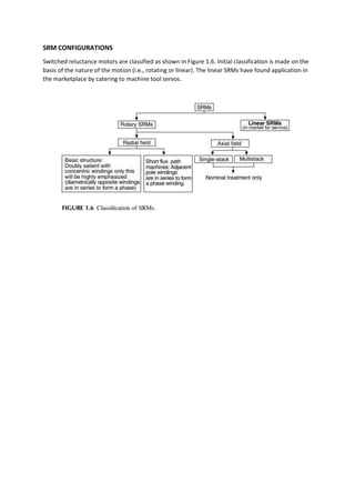 SRM CONFIGURATIONS
Switched reluctance motors are classified as shown in Figure 1.6. Initial classification is made on the
basis of the nature of the motion (i.e., rotating or linear). The linear SRMs have found application in
the marketplace by catering to machine tool servos.
 