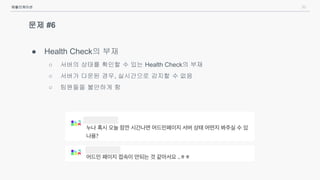 30
문제 #6
● Health Check의 부재
○ 서버의 상태를 확인할 수 있는 Health Check의 부재
○ 서버가 다운된 경우, 실시간으로 감지할 수 없음
○ 팀원들을 불안하게 함
애플리케이션
 