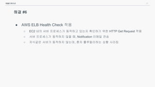 31
해결 #6
● AWS ELB Health Check 적용
○ EC2 내의 서버 프로세스가 동작하고 있는지 확인하기 위한 HTTP Get Request 적용
○ 서버 프로세스가 동작하지 않을 때, Notification 이메일 전송
○ 자식같은 서버가 동작하지 않는데, 혼자 룰루랄라하는 상황 사라짐
애플리케이션
 
