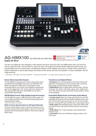 AG-HMX100                                              (AG-HMX100P, AG-HMX100E)
                                                                                                                 HD
                                                                                                                       1080/59.94i, 50i, 23.98PsF (3D only),
                                                                                                                       720/59.94p, 50p
                                                                                                                                                                           SD
                                                                                                                *Mixed operation of different video formats is not possible.
                                                                                                                                                                                480/59.94i,
                                                                                                                                                                                576/50i

     Digital AV Mixer
     This all-in-one digital AV mixer integrates a video switcher with seven inputs (four SDI, two HDMI/analog video, and one DVI-I)
     and six outputs (four SDI*1 and two DVI-D*2), and an AV mixer. This single unit switches HD/SD images and audio sources, and
     provides effects and on-air transmission. Its MultiViewer Display function displays all sources on a single monitor, and forms a
     simple configuration to ensure easy transport and setup at event venues, plus low-cost operation. It is also compatible*3 with 3D
     image switching.
     *1: PGM (Program), PVW (Preview), AUX (Auxiliary), MULTIVIEW. *2: PGM (Program), MULTIVIEW. *3: For image switching only. Effects are not supported.




     Seven Video Inputs/Six Outputs                                                                   Transitions and Digital Effects
     The AG-HMX100 is equipped with a total of seven video inputs:                                    • Transitions: Over 100 wipe patterns and mixes combine with
     four SDI (HD/SD switchable) video inputs, two HDMI (HD only,                                     effects like chroma keying, luminance keying, DSK, and fading.
     HDCP not supported, VIERA Link not supported) or video                                           M/E preview and DSK preview are also supported.
     (composite) inputs, and one DVI-I input capable of inputting still                               • Digital Effects: Built-in digital effects include mosaic, defocus,
     and moving images from a PC. It has a total of six outputs: four                                 monocolor, still, strobe, multi-strobe, decay, paint, negative and
     SDI outputs (PGM, PVW, AUX, MULTIVIEW) and two DVI-D                                             mirror. Still, strobe and multi-strobe effects allow selection of field
     outputs (PGM, MULTIVIEW).                                                                        or frame displays.

     HD/SD Multi-Format* High-Quality Image Processing                                                Embedded Digital Audio and Analog Audio Mixing
     The AG-HMX100 supports 1080i/720p HD and SD images. Full                                         • 10 audio inputs: Select up to eight audio inputs from four SDI
     4:2:2:4 digital component and 12 bit internal processing ensure                                  embedded audio inputs (L/R), two HDMI embedded audio inputs
     broadcast-grade images.                                                                          (L/R), and four XLR audio inputs (L/R). You can mix the 10 audio
     * Mixed format operation is not possible.                                                        sources, including AUX input and MIC input, using a fader control.
     Built-in Frame Synchronizer for All Input Channels                                               • Audio output: SDI embedded audio is output from PGM, PVW,
                                                                                                      and AUX terminals, and has XLR (L/R) and pin jack (L/R) analog
     All input channels feature a built-in frame synchronizer for use in
                                                                                                      outputs.
     switching unsynchronized video signals. A gen-lock function also
                                                                                                      • Audio effects: Pan, 3-band equalizer, voice changer (pitch/
     supports synchronizing systems based on external sync signals
                                                                                                      level),and mute.
     (black burst).
                                                                                                      • Level meter: Shown as a MultiViewer Display overlay on the
                                                                                                      LCD screen.




13
 