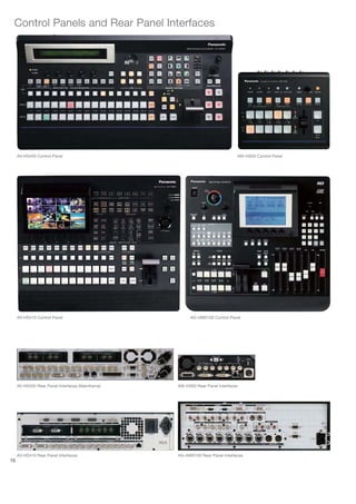 Control Panels and Rear Panel Interfaces




     AV-HS450 Control Panel                                                   AW-HS50 Control Panel




     AV-HS410 Control Panel                             AG-HMX100 Control Panel




     AV-HS450 Rear Panel Interfaces (Mainframe)   AW-HS50 Rear Panel Interfaces




     AV-HS410 Rear Panel Interfaces               AG-HMX100 Rear Panel Interfaces
15
 