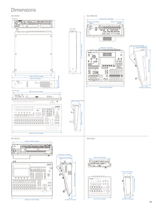 Dimensions
AV-HS450                                                                                                                                                                                                                                                                                                                                 AG-HMX100
Mainframe                                                                                                                                                                                                                                                                                                                                                                                                   407 mm (16-1/16 inches)
                                                            COM                 TALLY/GPI                     PANEL        LAN




                                                    REF     EDITOR
                                                                                                                                                                        DVI-D OUTPUTS                                          SDI OUTPUTS
                                                                                                                                                                                                                                                                                                                                         35mm (1-7/16 inches)                                                                                        35mm (1-7/16 inches)
                                                                                                                                                                                                                               SDI INPUTS




                                                                                        IN/OUT B2                     IN/OUT B1                                                         IN/OUT A2                  IN/OUT A1
                                                                                                                                          SLOT B                                                                                   SLOT A




                                                                                                                                                                                                                                                                                                               471 mm (18-9/16 inches)
                                                                                                                                                                                                                                                                                                                                                                                                                                                                                       197 mm (6-13/16 inches)
                                                                                                                                                                                                                                                                                                                                                                                                                190 mm (7-1/2 inches)                                                         151 mm (6 inches)




                                                                                                                                                                                                                                                                                                                                                                                                                                                                                                                                        400 mm (15-3/4 inches)
                                                                                                                                                                                                                                                88 mm (3-7/16 inches)




                                                                                      420 mm (16-9/16 inches)
                                                                                         482 mm (19 inches )




                                                                                                                                                                                                                                                                                                                                                                                                           424 mm (16-3/4 inches)                                                                                        56 mm (2-1/4 inches)

Control panel
                                                                                      538 mm (21-1/8 inches)




                                                                                                                                                                                                                                                                                  88 mm (3-7/16 inches)
                                                                                                                                                                                                                                                                                                               299 mm (11-3/4 inches)




                                                                                      560 mm (22-1/16 inches)



AV-HS410                                                                                                                                                                                                                                                                                                                                 AW-HS50
                                                                  420 mm (16-9/16 inches)


             GND                                    1         2      3    5      4          6           7      8                  1              3      2               4           5
             SIGNAL                          LAN                         SDI INPUTS                                                             SDI OUTPUTS                                         DVI-D IN            DVI-D OUT
                                                                                                 SLOT A                                                                                       SLOT B
                                                                                IN/OUT A1                    IN/OUT A2                                                  IN/OUT B1                          IN/OUT B2
        ∼AC IN




                   OFF




                                                                          REF         BOOT          TALLY/GPI 1                TALLY/GPI 2                           COM                      EDITOR
                    ON


                                                                                      SV NM
                          POWER




                                                                                                                                                                                                                                                158 mm (6-1/4 inches)

                                                                                                                                                                                                                                                    120 mm (4-3/4 inches)                                                                                          189 mm (7-3/4 inches)


                                                                                                                                                                                                                                                                                                                                                           BOOT
                                                                                                                                                                                                                                                                                                                                                                                           DVI IN                        DVI OUT       TALLY / GPI
                                                                                                                                                                                                                                                                                                                                                                    LAN

                                                                                                                                                                                                                                                                                                                                              IN   12 V

                                                                                                                                                                                                                                                                                                                                                               1          2            3            4                1             2
                                                                                                                                                                                                                                                                                                                                                                              SDI IN                                     SDI OUT
                                                                                                                                                                                                                                                                                                                                                          ON
                                                                                                                                                                                                            Live Switcher AV-HS410                                                                                                            POWER
                                                                                                                                                                                                                                                                                                                                                                                                        SIGNAL GND


                                                                                                 U1          U2           U3               U4             U5            U6              U7           U8
                                                                                                                                                                                                                                  POWER

                                                                                                                                          USER BUTTON                                                                             ALARM
                                                                                                                                                                                                                                       LINK

                                                                                                MENU                    BKGD              KEY            PinP1
                                                                                                            PICT                                                        DSK          TIME
                                                                                                MODE                    CBGD                             PinP2



                                                                                                MENU        WFM         VMEM              SHOT            XPT            IN                         MENU
                                                                                                 OFF        VECT                          EVENT           MV            OUT             SYS         HOLD


                                                                                                  DISPLAY                                                 MENU SELECT                                                              Z                                                                                                                                                                                                                                   67 mm (2-5/8 inches)
                                                                                                                                                                                                                                                                                      361 mm (14-1/4 inches)




                                                                                                SHOT
                                                                                                            STORE                     7            8             9                                  MENU
                                                                                                MEM                                                                                                 INPUT



                                                                                                             RE                       4            5             6             /+                   VMEM
                                                                                                            CALL
                                                                                                                                                                                                                 X/Y

                                                                                                                                      1            2             3                                  BKGD               POSITIONER
                                                                                                             DEL
                                                                                                                                                                                                    PATT
                                                                                                                                                                              TAKE


                                                                                                                                  0/10             .             C                                  KEY
                                                                                                            EDIT                                                                                    PATT
                                                                                                                                                                                                                                                                                                                                                                                                                                                                                               177 mm (6-15/16 inches)




                  F1             F2           F3             F4          F5                                             MEMORY / WIPE PATTERN / 10 KEY


      KEY        PinP1   PinP2        DSK    AUX1    AUX2         AUX3   AUX4    DISP            MV         PVW          PGM                       N/R            R


                                       AUX BUS DELEGATION                                           AUX/DISP SOURCE                               WIPE DIRECTION


AUX                                                                                                                                                                                                                       KEY           FTB
                                                                                                                        SHIFT                     BKGD           KEY
                                                                                                                                                                                                                          ON            ON

                                                                                                                                                   MIX           MIX
                                                                                                                                                   WIPE          WIPE


PGM                                                                                                                                                                                                                       PinP1         PinP2
 A                                                                                                                      SHIFT                      MIX           WIPE
                                                                                                                                                                                                                           ON            ON



      1/13       2/14    3/15         4/16   5/17    6/18         7/19   8/20    9/21           10/22       11/23       12/24


PST                                                                                                                                                                                                                                     DSK
 B                                                                                                                      SHIFT                     CUT            AUTO                                                                   ON




                                                                                                                                                                                                                                                                                                                                                                   210 mm (8-1/4 inches)                                                                                53 mm (2-1/8 inches)
                                                                  440 mm (17-5/16 inches)                                                                                                                                                                               31 mm (1-1/4 inche
                                                                                                                                                                                                                                                                                                                                                                                                                                                                                                                                                         16
 