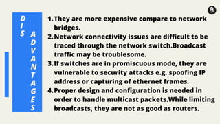 A
D
V
A
N
T
A
G
E
S
They are more expensive compare to network
bridges.
Network connectivity issues are difficult to be
traced through the network switch.Broadcast
traffic may be troublesome.
If switches are in promiscuous mode, they are
vulnerable to security attacks e.g. spoofing IP
address or capturing of ethernet frames.
Proper design and configuration is needed in
order to handle multicast packets.While limiting
broadcasts, they are not as good as routers.
1.
2.
3.
4.
D
I
S
 