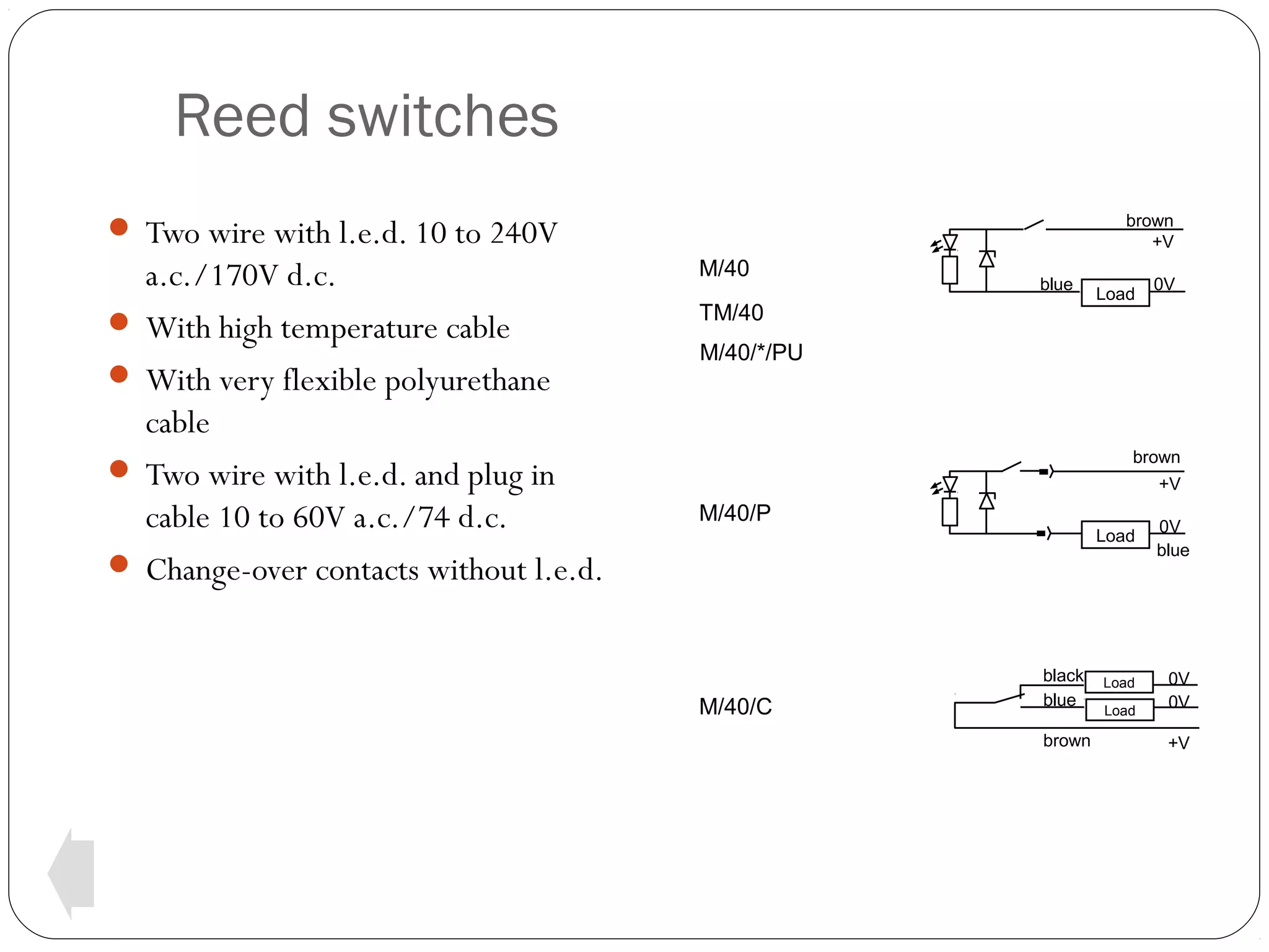 Reed switches
brown
+V

 Two wire with l.e.d. 10 to 240V

a.c./170V d.c.
 With high temperature cable
 With very flexible polyurethane
cable
 Two wire with l.e.d. and plug in
cable 10 to 60V a.c./74 d.c.
 Change-over contacts without l.e.d.

M/40

blue

TM/40

Load

0V

M/40/*/PU

brown
+V

M/40/P
Load

M/40/C

black
blue
brown

Load
Load

0V
blue

0V
0V
+V

 