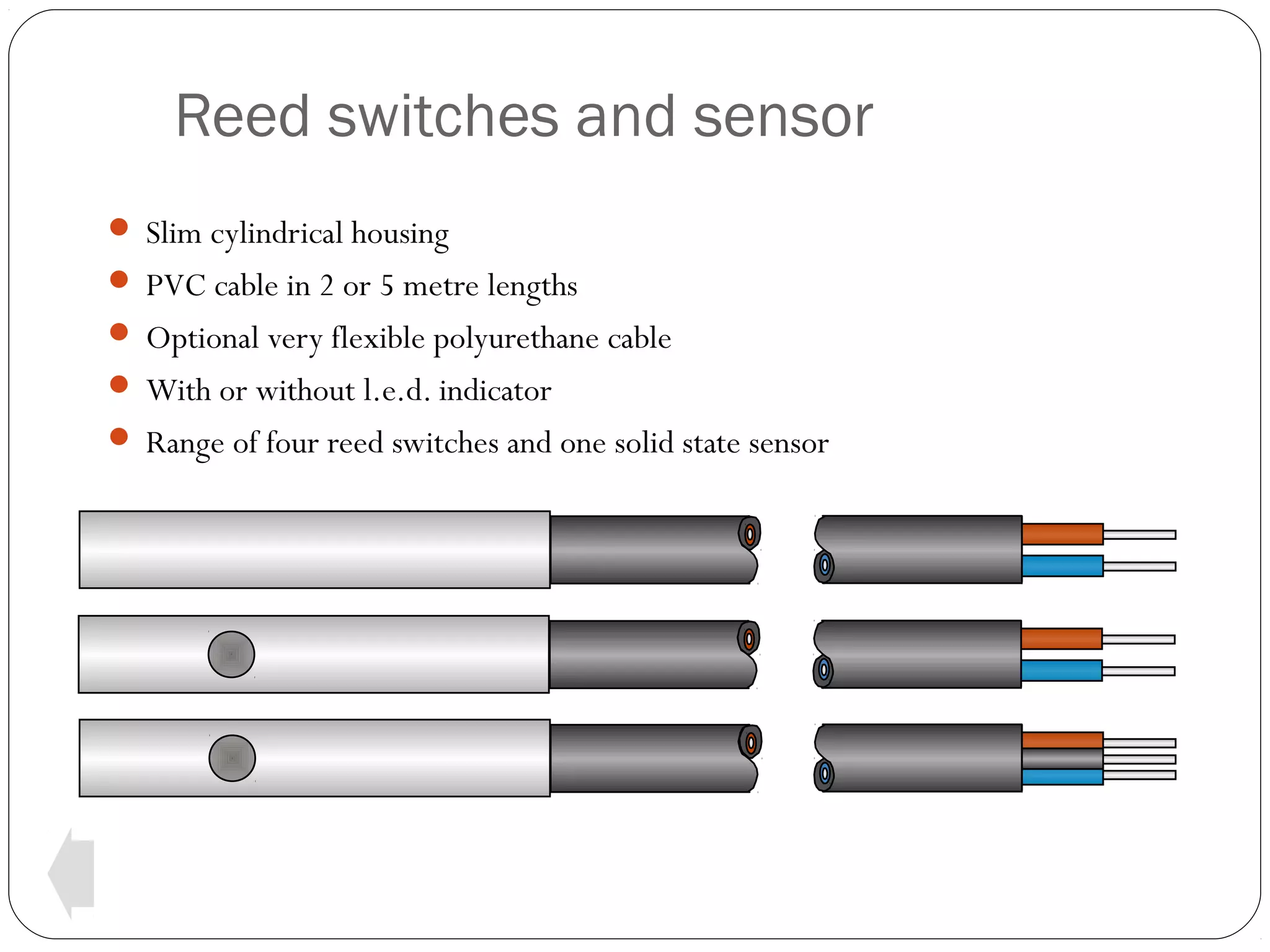 Reed switches and sensor
 Slim cylindrical housing
 PVC cable in 2 or 5 metre lengths
 Optional very flexible polyurethane cable
 With or without l.e.d. indicator
 Range of four reed switches and one solid state sensor

 