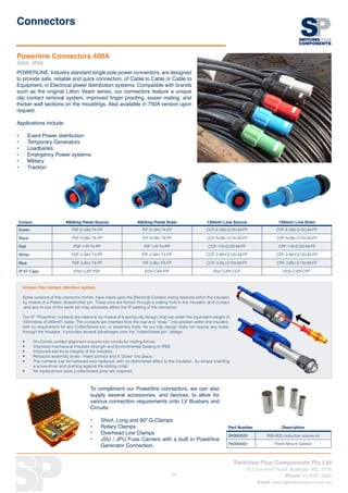 Switches Plus Components Pty Ltd
242 Governor Road, Braeside, VIC, 3195
Phone: 03 8587 3200
Email: sales@switchesplus.com.au
24
Colour 400Amp Panel Source 400Amp Panel Drain 120mm² Line Source 120mm² Line Drain
Green PSF-E-GN-T4-FP PIF-E-GN-T4-FP CCF-E-GN-S120-M-FP CPF-E-GN-S120-M-FP
Black PSF-N-BK-T4-FP PIF-N-BK-T4-FP CCF-N-BK-S120-M-FP CPF-N-BK-S120-M-FP
Red PSF-1-R-T4-FP PIF-1-R-T4-FP CCF-1-R-S120-M-FP CPF-1-R-S120-M-FP
White PSF-2-WH-T4-FP PIF-2-WH-T4-FP CCF-2-WH-S120-M-FP CPF-2-WH-S120-M-FP
Blue PSF-3-BU-T4-FP PIF-3-BU-T4-FP CCF-3-BU-S120-M-FP CPF-3-BU-S120-M-FP
IP 67 Caps ENV-CAP-PSF ENV-CAP-PIF ENV-CAP-CCF ENV-CAP-CPF
Connectors
POWERLINE, Industry standard single pole power connectors, are designed
to provide safe, reliable and quick connection, of Cable to Cable or Cable to
Equipment, in Electrical power distribution systems. Compatible with brands
such as the original Litton Veam series, our connectors feature a unique
clip contact removal system, improved finger proofing, easier mating, and
thicker wall sections on the mouldings. Also available in 750A version upon
request.
Applications include:
•	 Event Power distribution
•	 Temporary Generators
•	 Loadbanks
•	 Emergency Power systems
•	 Military
•	 Traction
Powerline Connectors 400A
400A, IP68
Unique Clip contact retention system.
Some versions of this connector format, have relied upon the Electrical Contact, being retained within the Insulator
by means of a Plastic dowel/cotter pin. These pins are forced through a mating hole in the Insulator, and contact
,and any re-use of the same pin may adversely affect the IP sealing of the connector.
Ten 47 “Powerline” contacts are retained, by means of a spring clip design, that can retain the equivalent weight of
100metres of 240mm² cable. The contacts are inserted from the rear and “snap ” into position within the Insulator,
with no requirement for any Cotter/Dowel pin, or assembly tools. As our clip design does not require any holes,
through the Insulator, it provides several advantages over the “cotter/dowel pin” design;
•	 On-Centre contact alignment ensures low connector mating forces.
•	 Improved mechanical Insulator strength and Environmental Sealing to IP68.
•	 Improved electrical integrity of the Insulator.
•	 Reduced assembly times - insert contact and it 'clicks' into place.
•	 The contacts can be removed and replaced, with no detrimental affect to the Insulator, by simply inserting
a screwdriver and pushing against the sliding collar.
•	 No replacement parts (cotter/dowel pins) are required.
To compliment our Powerline connectors, we can also
supply several accessories, and devices, to allow for
various connection requirements onto LV Busbars and
Circuits:
•	 Short, Long and 90º G-Clamps
•	 Rotary Clamps
•	 Overhead Line Clamps
•	 JSU / JPU Fuse Carriers with a built in Powerline
Generator Connection.
Part Number Description
SK950025 R95-R25 reduction sleeve kit
PA000002 Panel Mount Gasket
 