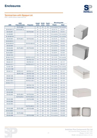 Switches Plus Components Pty Ltd
242 Governor Road, Braeside, VIC, 3195
Phone: 03 8587 3200
Email: sales@switchesplus.com.au
37
ABS
ABS/
Polycarbonate Polyester
Height
(mm)
Width
(mm)
Depth
(mm)
Mounting plate
Plastic Steel
DS-PG-0808 80 82 60 Not available Not available
DS-AG-0811-S DS-PG-0811-S 80 110 45 DS-0811PL DS-0811
DS-AG-0811 DS-PCG-0811 80 110 70 DS-0811PL DS-0811
EL-AG-0813 80 130 35 Not available Not available
EL-AG-0813-B 80 130 60 Not available Not available
DS-AG-0813 DS-PG-0813 DS-PCG-0813 80 130 70 DS-0813PL DS-0813
DS-AG-0813-1 80 130 85 DS-0813PL DS-0813
DS-AG-0816-S DS-PCG-0816-S 80 160 55 Not available DS-0816
DS-AG-0816 80 160 90 Not available DS-0816
DS-AG-0818 DS-PG-0818 DS-PCG-0818 80 180 70 DS-0818PL DS-0818
DS-AG-0825 80 250 70 DS-0825PL DS-0825
DS-AG-0825-1 80 250 85 DS-0825PL DS-0825
DS-AG-1010 100 100 100 Not available DS-1010
DS-AG-1212-S DS-PCG-1212-S 125 125 75 DS-1212PL Not available
DS-AG-1212 DS-PCG-1212 125 125 100 DS-1212PL Not available
DS-AG-1217 DS-PCG-1217 125 175 75 DS-1217PL DS-1217
DS-AG-1217-1 DS-PCG-1217-1 125 175 100 DS-1217PL DS-1217
EL-AG-1318 130 180 35 Not available Not available
EL-AG-1318B 130 180 60 Not available Not available
DS-AG-1417 DS-PG-1417 DS-PCG-1417 140 170 95 DS-1417PL DS-1417
DS-PG-1423 DS-PCG-1423 140 230 95 DS-1423PL DS-1423
DS-AG-1520 DS-PCG-1520 150 200 100 DS-1520PL DS-1520
DS-AG-1525 DS-PCG-1525 150 250 100 DS-1525PL DS-1525
DS-AG-1525-1 DS-PCG-1525-1 150 250 130 DS-1525PL DS-1525
DS-AG-1717-1 175 175 100 DS-1717PL DS-1717
DS-PCG-1725 175 250 75 DS-1725PL DS-1725
DS-PCG-1919 190 190 130 DS-1919PL DS-1919
DS-AG-2020-S 200 200 95 DS-2020PL DS-2020
DS-AG-2020 200 200 130 DS-2020PL DS-2020
DS-AG-2819 DS-PG-2819 DS-PCG-2819 280 190 130 DS-2819PL DS-2819
DS-PG-2819-1 DS-PCG-2819-1 280 190 180 DS-2819PL DS-2819
DS-AG-2828 DS-PCG-2828 280 280 130 DS-2828PL DS-2828
DS-AG-2834 280 340 130 DS-2834PL DS-2834
DS-AG-3819 380 190 130 DS-3819PL DS-3819
DS-PCG-3819-1 380 190 180 DS-3819PL DS-3819
DS-AG-3828 DS-PG-2838 DS-PCG-3828 380 280 130 DS-3828PL DS-3828
DS-AG-3828-1 380 280 180 DS-3828PL DS-3828
DS-AG-5628 DS-PG-5628 560 280 130 Not available DS-5628
DS-AG-5638 DS-PCG-5638 560 380 180 Not available DS-5638
Terminal box with Opaque Lid
IP67, Solid colour base and lid
Enclosures
 