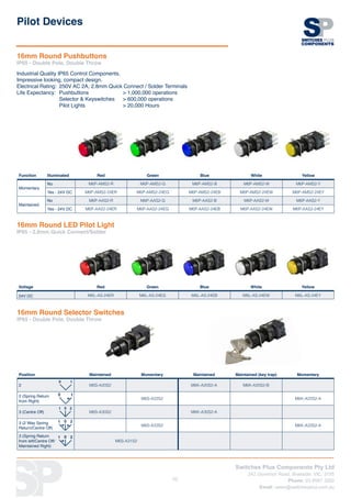 Switches Plus Components Pty Ltd
242 Governor Road, Braeside, VIC, 3195
Phone: 03 8587 3200
Email: sales@switchesplus.com.au
42
Function Illuminated Red Green Blue White Yellow
Momentary
No M6P-AMS2-R M6P-AMS2-G M6P-AMS2-B M6P-AMS2-W M6P-AMS2-Y
Yes - 24V DC M6P-AMS2-24ER M6P-AMS2-24EG M6P-AMS2-24EB M6P-AMS2-24EW M6P-AMS2-24EY
Maintained
No M6P-AAS2-R M6P-AAS2-G M6P-AAS2-B M6P-AAS2-W M6P-AAS2-Y
Yes - 24V DC M6P-AAS2-24ER M6P-AAS2-24EG M6P-AAS2-24EB M6P-AAS2-24EW M6P-AAS2-24EY
16mm Round Pushbuttons
IP65 - Double Pole, Double Throw
Pilot Devices
16mm Round LED Pilot Light
IP65 - 2.8mm Quick Connect/Solder
Voltage Red Green Blue White Yellow
24V DC M6L-AS-24ER M6L-AS-24EG M6L-AS-24EB M6L-AS-24EW M6L-AS-24EY
Position Maintained Momentary Maintained Maintained (key trap) Momentary
2
0 1
M6S-A20S2 M6K-A20S2-A M6K-A20S2-B
2 (Spring Return
from Right)
0 1
M6S-A22S2 M6K-A22S2-A
3 (Centre Off)
01 2
M6S-A30S2 M6K-A30S2-A
3 (2 Way Spring
Return/Centre Off)
01 2
M6S-A33S2 M6K-A33S2-A
3 (Spring Return
from left/Centre Off/
Maintained Right)
01 2
M6S-A31S2
16mm Round Selector Switches
IP65 - Double Pole, Double Throw
Industrial Quality IP65 Control Components.
Impressive looking, compact design.
Electrical Rating: 	250V AC 2A, 2.8mm Quick Connect / Solder Terminals
Life Expectancy: 	Pushbuttons 		  1,000,000 operations 			
		 Selector  Keyswitches 	  600,000 operations 			
		 Pilot Lights 		  20,000 Hours
 