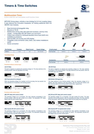 Switches Plus Components Pty Ltd
242 Governor Road, Braeside, VIC, 3195
Phone: 03 8587 3200
Email: sales@switchesplus.com.au
78
(A) On Delay (DI) ON Pulse
The start is triggered, by applying the operating voltage (U). The relay switches to the
working position, after the adjustable time delay.
The start is triggered, by applying the operating voltage (U). The relay switches
immediately to the working position. The relay switches to the rest position, after the
adjustable wipe time interval.
(GI) Fixed pulse (0.5 s) delayed (SW) Blinker ON beginning
When the operating voltage (U) is applied, and the set delay time has expired, the
relay switches for 0.5 seconds in the working position.
The relay switches to the working position, when the operating voltage (U) is
applied. The relay switches to the rest position, after the pulse time interval, and
then switches back to the working position (pulse time = pause time).
Multifunction Timer
6.2mm wide Din rail mountable multi-function timer
MFR-IRC timing relays, embody a new strategy for 6.2 mm coupling relays.
It also features the innovative receptacle, for holding additional 5x20 mm
SM-IRC fuse modules.
•	 Base terminal and pluggable relay
•	 Mounts on TS 35
•	 Multifunction timing relay with eight time functions, and four time
ranges – configurable with DIP switch up to six hours
•	 Output fuse module for individual standard micro-fuse (5x20 mm)
available as accessory
•	 Internal EMC coil circuitry and LED display
•	 Pluggable cross-connection (blue, black, red) makes installations
easier
•	 Screw connection
Part Number Contacts Rated Current Supply Voltage
16256.2 1 CO 6A 24V AC/DC
Timers  Time Switches
Time Delay Range
Functions without control input
Functions with control input
(BE) OFF delay with control contact (CE) ON and OFF delay with control contact
The operating voltage (U) is connected. The relay switches immediately to the
working position, when the start contact (S) is closed. The adjustable OFF delay
begins when the start contact opens.
The operating voltage (U) is connected. The start contact (S) closes. The relay
switches to the working position, after the adjustable time delay. The relay switches
to the rest position, after the start contact opens and the delay time has expired.
(DE) Impulse-ON with control contact (EE) Impulse-OFF via opened start contact
The operating voltage (U) is connected. The relay switches immediately to the
working position, when the start contact (S) is closed. The adjustable Impulse-ON
time begins when the start contact closes.
The operating voltage (U) is connected.The relay switches immediately to the
working position, when the start contact (S) opens. The adjustable impulse-OFF
time begins when the start contact opens.
16 pole jumper Blue Black Red
Part Number 16209.5 16209.4 16209.9
Accessories Partition Fuse Holder
Part Number 16228.2 16208.2
 