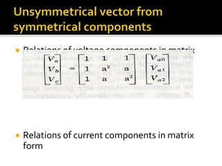  Relations of voltage components in matrix
form
 Relations of current components in matrix
form
 