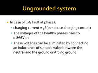  In case of L-G fault at phase C
 charging current = 3*(per phase charging current)
 The voltages of the healthy phases rises to
0.866Vph
 These voltages can be eliminated by connecting
an inductance of suitable value between the
neutral and the ground or Arcing ground.
 
