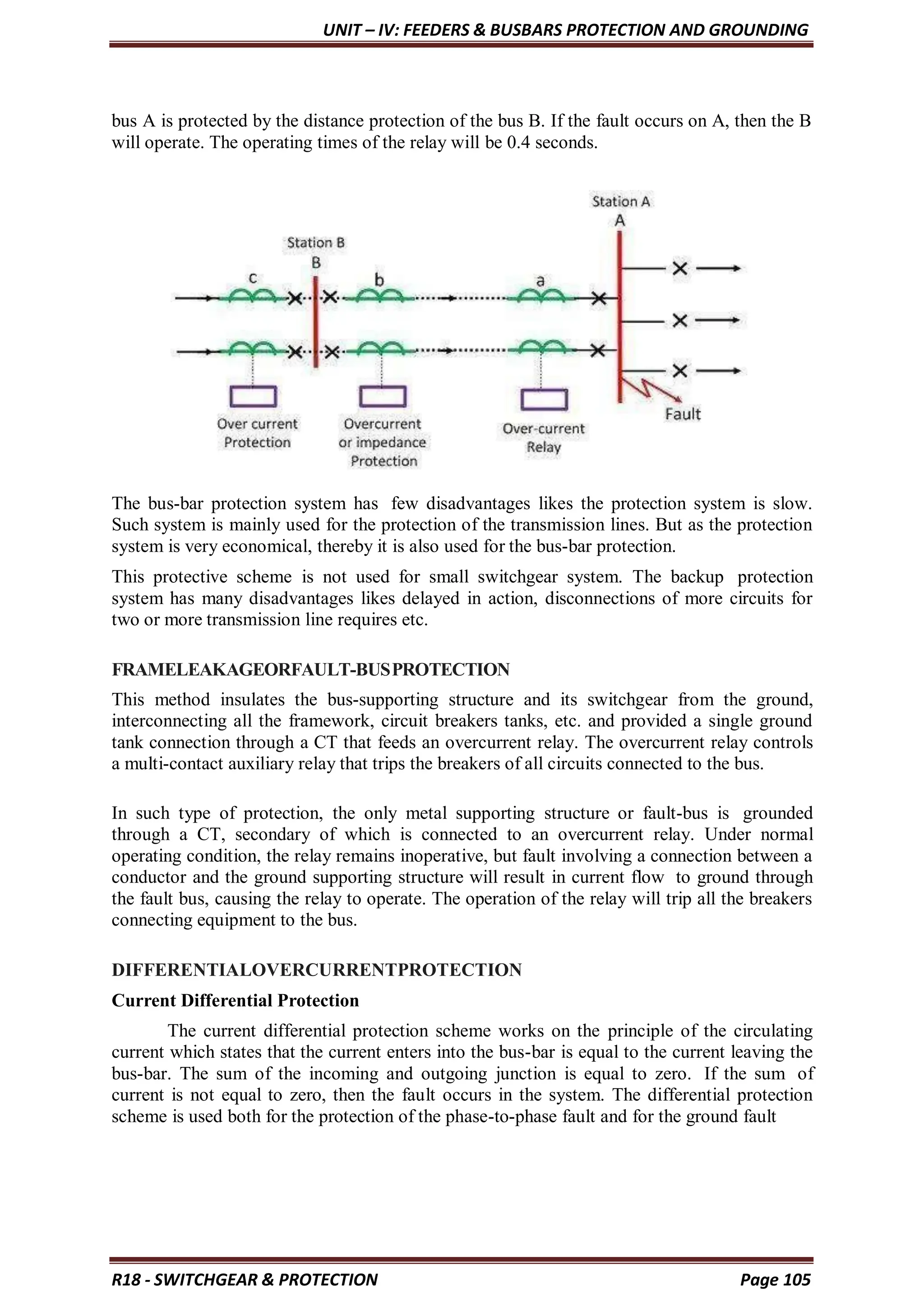 UNIT – IV: FEEDERS & BUSBARS PROTECTION AND GROUNDING
R18 - SWITCHGEAR & PROTECTION Page 105
bus A is protected by the distance protection of the bus B. If the fault occurs on A, then the B
will operate. The operating times of the relay will be 0.4 seconds.
The bus-bar protection system has few disadvantages likes the protection system is slow.
Such system is mainly used for the protection of the transmission lines. But as the protection
system is very economical, thereby it is also used for the bus-bar protection.
This protective scheme is not used for small switchgear system. The backup protection
system has many disadvantages likes delayed in action, disconnections of more circuits for
two or more transmission line requires etc.
FRAMELEAKAGEORFAULT-BUSPROTECTION
This method insulates the bus-supporting structure and its switchgear from the ground,
interconnecting all the framework, circuit breakers tanks, etc. and provided a single ground
tank connection through a CT that feeds an overcurrent relay. The overcurrent relay controls
a multi-contact auxiliary relay that trips the breakers of all circuits connected to the bus.
In such type of protection, the only metal supporting structure or fault-bus is grounded
through a CT, secondary of which is connected to an overcurrent relay. Under normal
operating condition, the relay remains inoperative, but fault involving a connection between a
conductor and the ground supporting structure will result in current flow to ground through
the fault bus, causing the relay to operate. The operation of the relay will trip all the breakers
connecting equipment to the bus.
DIFFERENTIALOVERCURRENTPROTECTION
Current Differential Protection
The current differential protection scheme works on the principle of the circulating
current which states that the current enters into the bus-bar is equal to the current leaving the
bus-bar. The sum of the incoming and outgoing junction is equal to zero. If the sum of
current is not equal to zero, then the fault occurs in the system. The differential protection
scheme is used both for the protection of the phase-to-phase fault and for the ground fault
 