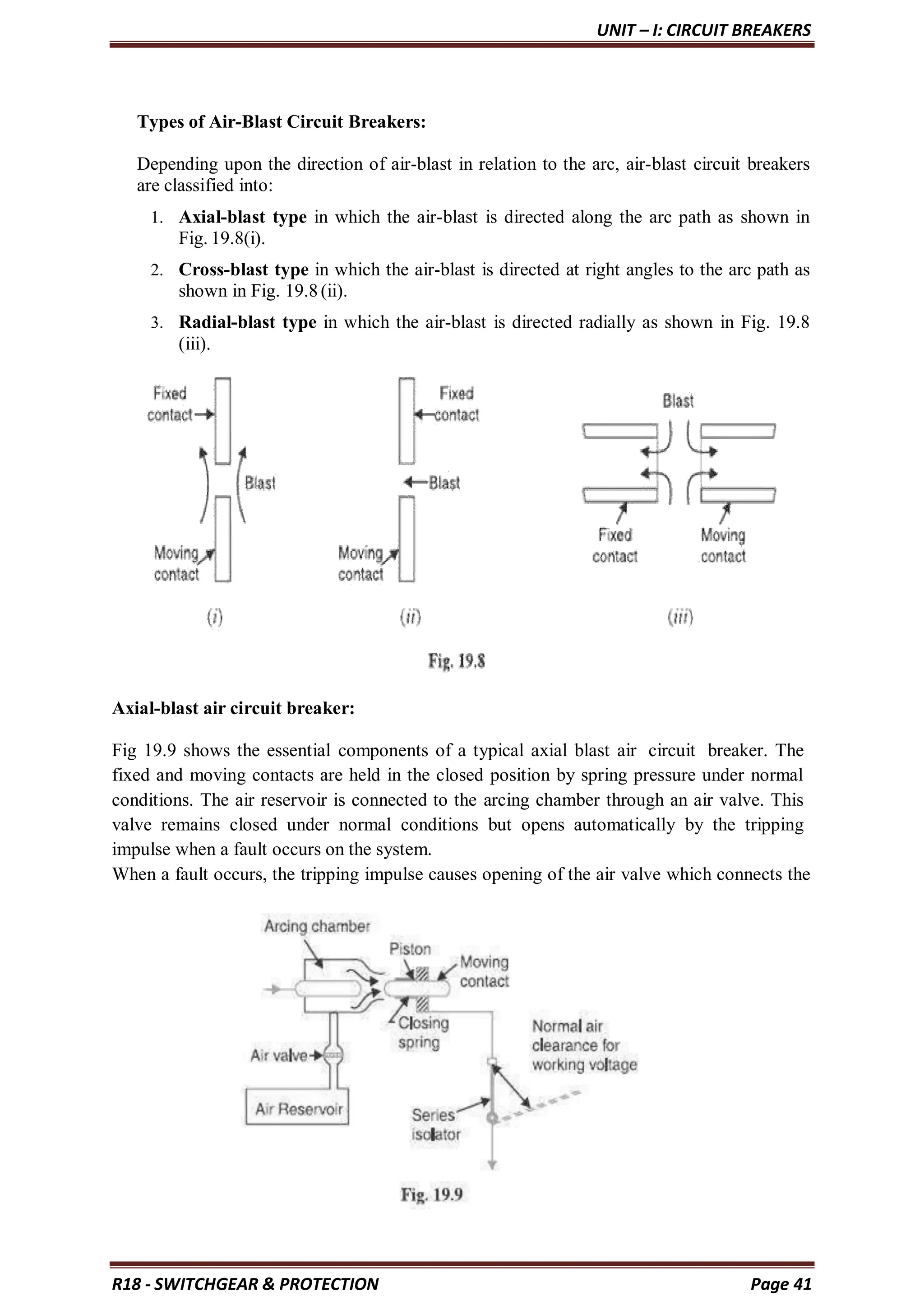 UNIT – I: CIRCUIT BREAKERS
R18 - SWITCHGEAR & PROTECTION Page 41
Types of Air-Blast Circuit Breakers:
Depending upon the direction of air-blast in relation to the arc, air-blast circuit breakers
are classified into:
1. Axial-blast type in which the air-blast is directed along the arc path as shown in
Fig. 19.8(i).
2. Cross-blast type in which the air-blast is directed at right angles to the arc path as
shown in Fig. 19.8(ii).
3. Radial-blast type in which the air-blast is directed radially as shown in Fig. 19.8
(iii).
Axial-blast air circuit breaker:
Fig 19.9 shows the essential components of a typical axial blast air circuit breaker. The
fixed and moving contacts are held in the closed position by spring pressure under normal
conditions. The air reservoir is connected to the arcing chamber through an air valve. This
valve remains closed under normal conditions but opens automatically by the tripping
impulse when a fault occurs on the system.
When a fault occurs, the tripping impulse causes opening of the air valve which connects the
 