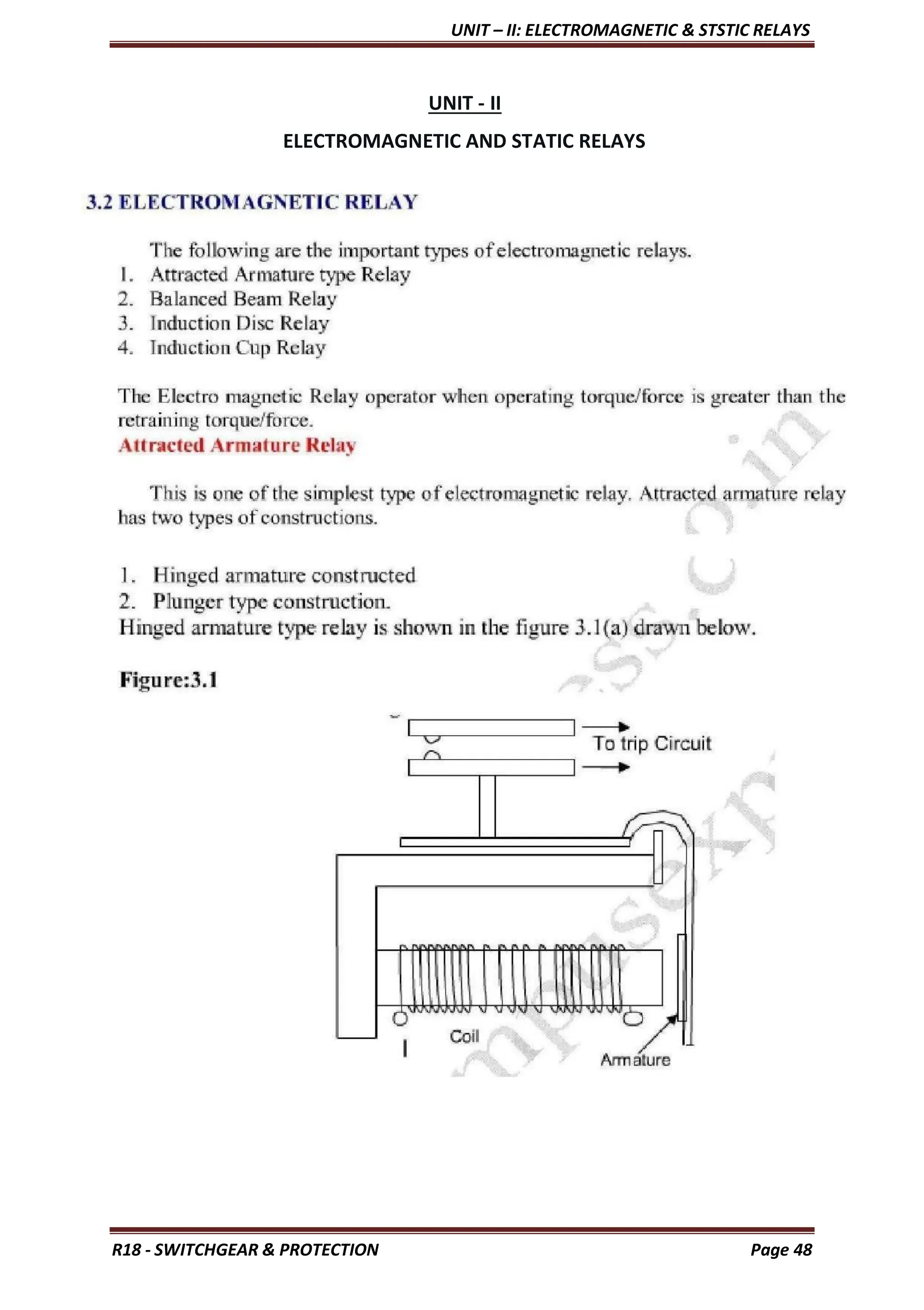 UNIT – II: ELECTROMAGNETIC & STSTIC RELAYS
R18 - SWITCHGEAR & PROTECTION Page 48
UNIT - II
ELECTROMAGNETIC AND STATIC RELAYS
 