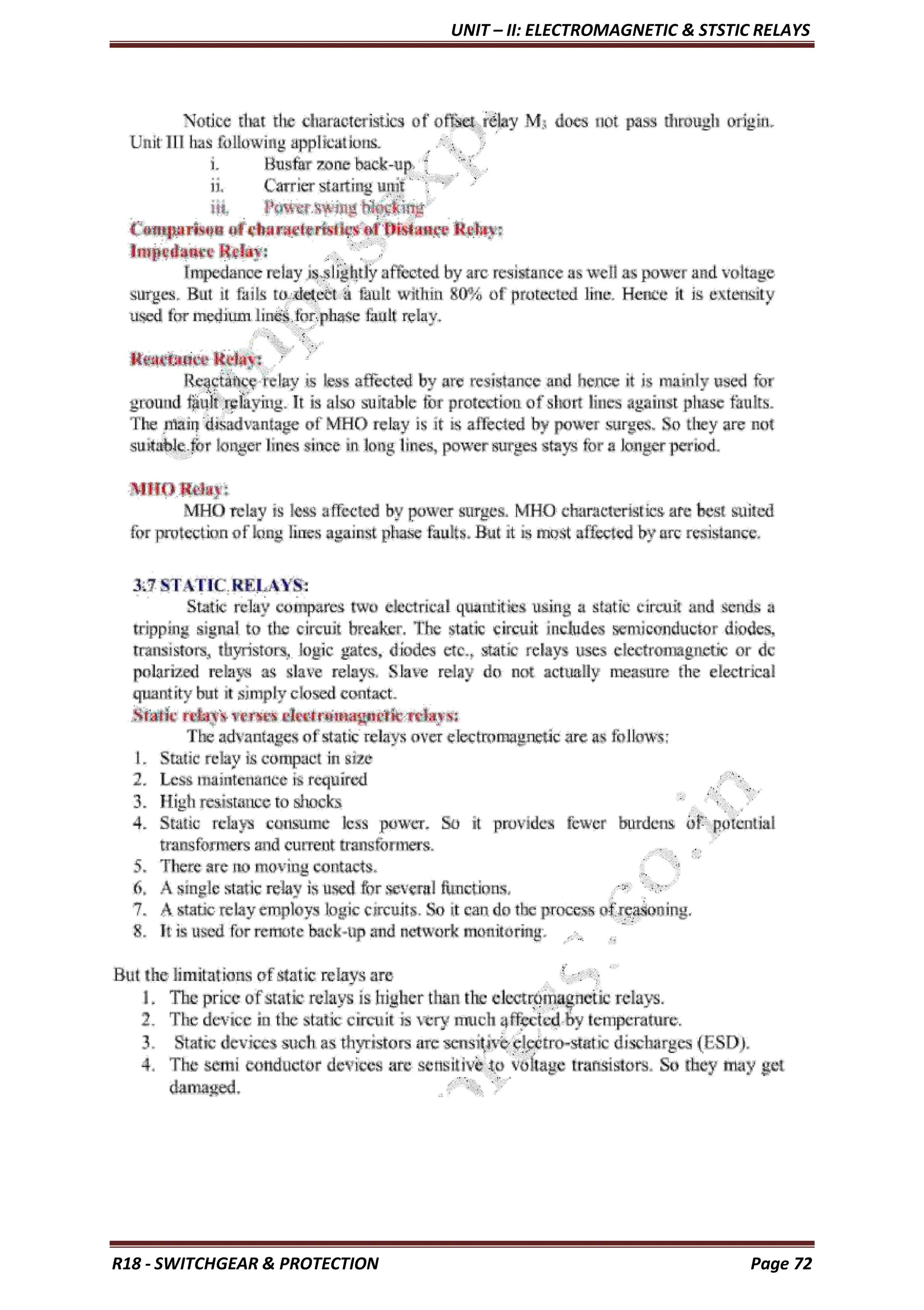 UNIT – II: ELECTROMAGNETIC & STSTIC RELAYS
R18 - SWITCHGEAR & PROTECTION Page 72
 