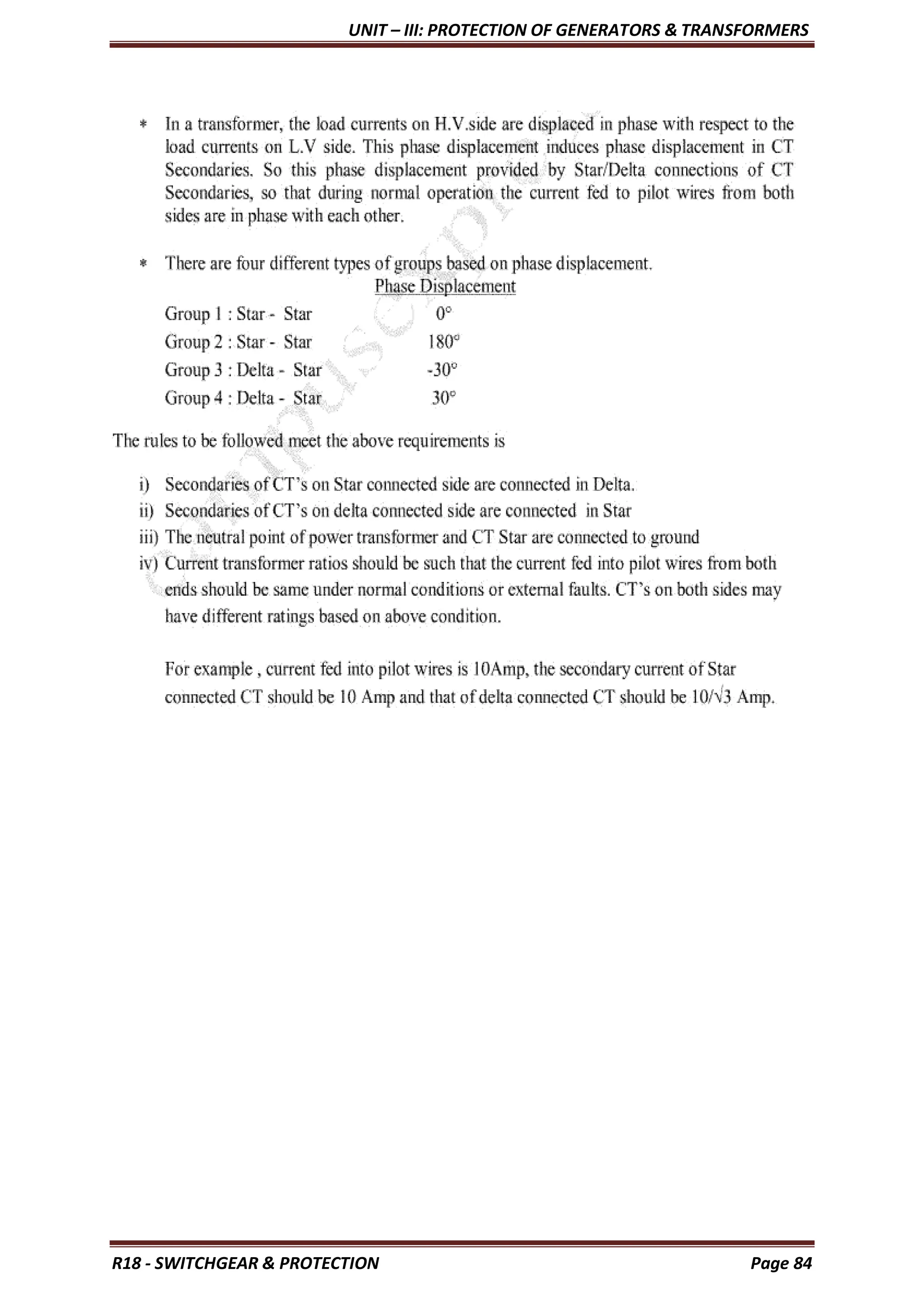 UNIT – III: PROTECTION OF GENERATORS & TRANSFORMERS
R18 - SWITCHGEAR & PROTECTION Page 84
 