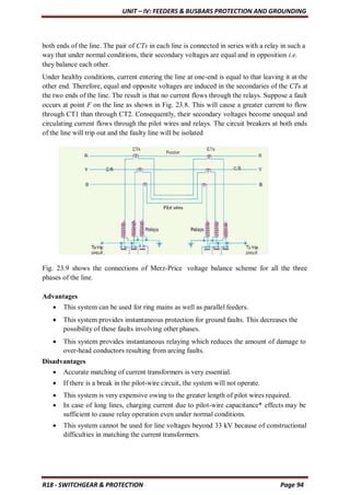 UNIT – IV: FEEDERS & BUSBARS PROTECTION AND GROUNDING
R18 - SWITCHGEAR & PROTECTION Page 94
both ends of the line. The pair of CTs in each line is connected in series with a relay in such a
way that under normal conditions, their secondary voltages are equal and in opposition i.e.
they balance each other.
Under healthy conditions, current entering the line at one-end is equal to that leaving it at the
other end. Therefore, equal and opposite voltages are induced in the secondaries of the CTs at
the two ends of the line. The result is that no current flows through the relays. Suppose a fault
occurs at point F on the line as shown in Fig. 23.8. This will cause a greater current to flow
through CT1 than through CT2. Consequently, their secondary voltages become unequal and
circulating current flows through the pilot wires and relays. The circuit breakers at both ends
of the line will trip out and the faulty line will be isolated
Fig. 23.9 shows the connections of Merz-Price voltage balance scheme for all the three
phases of the line.
Advantages
 This system can be used for ring mains as well as parallel feeders.
 This system provides instantaneous protection for ground faults. This decreases the
possibility of these faults involving other phases.
 This system provides instantaneous relaying which reduces the amount of damage to
over-head conductors resulting from arcing faults.
Disadvantages
 Accurate matching of current transformers is very essential.
 If there is a break in the pilot-wire circuit, the system will not operate.
 This system is very expensive owing to the greater length of pilot wires required.
 In case of long lines, charging current due to pilot-wire capacitance* effects may be
sufficient to cause relay operation even under normal conditions.
 This system cannot be used for line voltages beyond 33 kV because of constructional
difficulties in matching the current transformers.
 