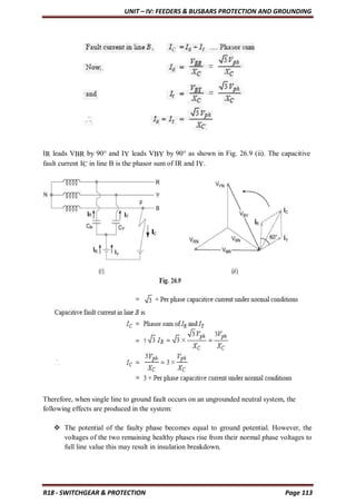 UNIT – IV: FEEDERS & BUSBARS PROTECTION AND GROUNDING
R18 - SWITCHGEAR & PROTECTION Page 113
IR leads VBR by 90° and IY leads VBY by 90° as shown in Fig. 26.9 (ii). The capacitive
fault current IC in line B is the phasor sum of IR and IY.
Therefore, when single line to ground fault occurs on an ungrounded neutral system, the
following effects are produced in the system:
 The potential of the faulty phase becomes equal to ground potential. However, the
voltages of the two remaining healthy phases rise from their normal phase voltages to
full line value this may result in insulation breakdown.
 