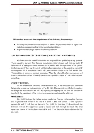 UNIT – IV: FEEDERS & BUSBARS PROTECTION AND GROUNDING
R18 - SWITCHGEAR & PROTECTION Page 120
This method is not used these days because of the following disadvantages:
 In this system, the fault current required to operate the protective device is higher than
that of resistance grounding for the same fault conditions.
 High transient voltages appear under fault conditions.
ARC SUPPRESSION COIL GROUNDING (OR RESONANT GROUNDING):
We have seen that capacitive currents are responsible for producing arcing grounds.
These capacitive currents flow because capacitance exists between each line and earth. If
inductance L of appropriate value is connected in parallel with the capacitance of the system,
the fault current IF flowing through L will be in phase opposition to the capacitive current IC
of the system. If L is so adjusted that IL = IC, then resultant current in the fault will be zero.
This condition is known as resonant grounding. When the value of L of arc suppression coil
is such that the fault current IF exactly balances the capacitive current IC, it is called resonant
grounding.
CIRCUIT DETAILS:
An arc suppression coil (also called Peterson coil) is an iron-cored coil connected
between the neutral and earth as shown in Fig. 26.16(i). The reactor is provided with tappings
to change the inductance of the coil. By adjusting the tappings on the coil, the coil can be
tuned with the capacitance of the system i.e. resonant grounding can be achieved.
OPERATION:
Fig. 26.16(i) shows the 3-phase system employing Peterson coil grounding. Suppose
line to ground fault occurs in the line B at point F. The fault current IF and capacitive
currents IR and IY will flow as shown in Fig. 26.16 (i). Note that IF flows through the
Peterson coil (or Arc suppression coil) to neutral and back through the fault. The total
capacitive current IC is the phasor sum of IR and IY as shown in phasor diagram in Fig.
26.16(ii).
 