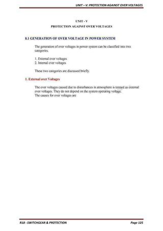 UNIT – V: PROTECTION AGAINST OVER VOLTAGES
R18 - SWITCHGEAR & PROTECTION Page 125
UNIT ‐ V
PROTECTION AGAINST OVER VOLTAGES
 