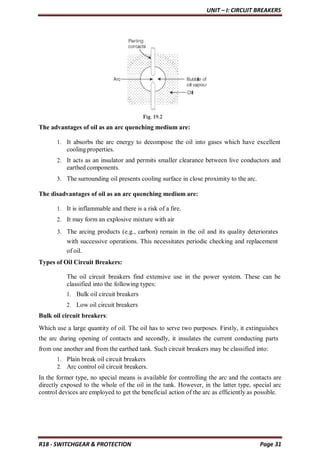 UNIT – I: CIRCUIT BREAKERS
R18 - SWITCHGEAR & PROTECTION Page 31
The advantages of oil as an arc quenching medium are:
1. It absorbs the arc energy to decompose the oil into gases which have excellent
coolingproperties.
2. It acts as an insulator and permits smaller clearance between live conductors and
earthed components.
3. The surrounding oil presents cooling surface in close proximity to the arc.
The disadvantages of oil as an arc quenching medium are:
1. It is inflammable and there is a risk of a fire.
2. It may form an explosive mixture with air
3. The arcing products (e.g., carbon) remain in the oil and its quality deteriorates
with successive operations. This necessitates periodic checking and replacement
of oil.
Types of Oil Circuit Breakers:
The oil circuit breakers find extensive use in the power system. These can be
classified into the following types:
1. Bulk oil circuit breakers
2. Low oil circuit breakers
Bulk oil circuit breakers:
Which use a large quantity of oil. The oil has to serve two purposes. Firstly, it extinguishes
the arc during opening of contacts and secondly, it insulates the current conducting parts
from one another and from the earthed tank. Such circuit breakers may be classified into:
1. Plain break oil circuit breakers
2. Arc control oil circuit breakers.
In the former type, no special means is available for controlling the arc and the contacts are
directly exposed to the whole of the oil in the tank. However, in the latter type, special arc
control devices are employed to get the beneficial action of the arc as efficiently as possible.
 