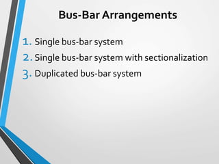 Bus-Bar Arrangements
1. Single bus-bar system
2.Single bus-bar system with sectionalization
3. Duplicated bus-bar system
 